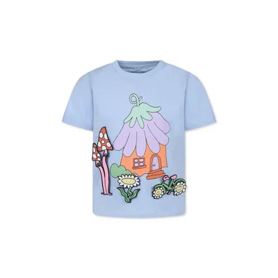 STELLA MCCARTNEY LIGHT BLUE T-SHIRT FOR GIRL WITH HOUSE PRINT