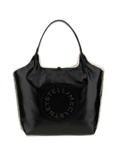 Stella Mccartney Logo Cracked Patent Reversible Tote Bag In Black
