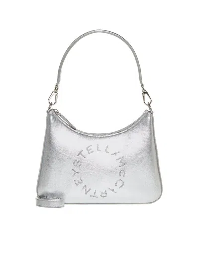 Stella Mccartney Logo Detailed Metallic Shoulder Bag In Silver