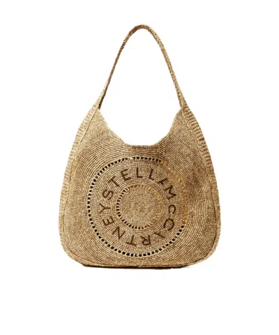 Stella Mccartney Logo Large Crochet Raffia Hobo Bag In Nude
