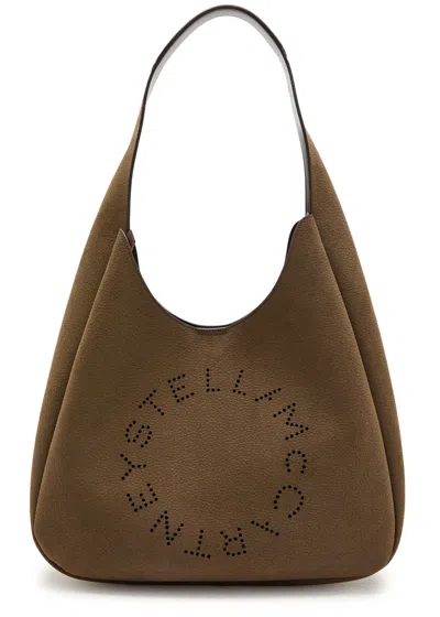 Stella Mccartney Logo Large Faux Suede Shoulder Bag In Brown