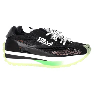 STELLA MCCARTNEY LOGO-PATCH MESH-KNIT LOW-TOP TRAINERS IN BLACK VEGAN LEATHER