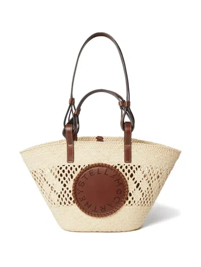 Stella Mccartney Natural Logo Raffia Crochet Medium Tote In Brown