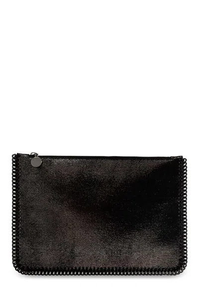 Stella Mccartney Logo Plaque Zipped Clutch Bag In Grey