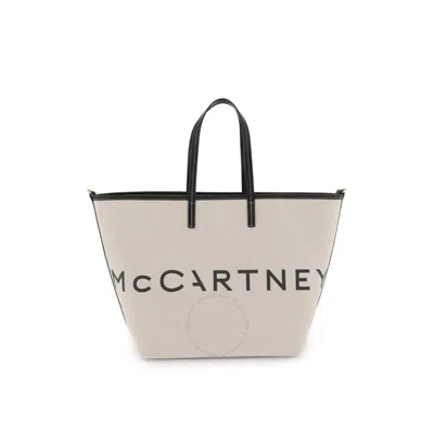 Stella Mccartney Logo Printed Cotton Tote Bag In Beige