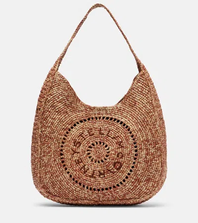 Stella Mccartney Logo Small Raffia Shoulder Bag In Sand