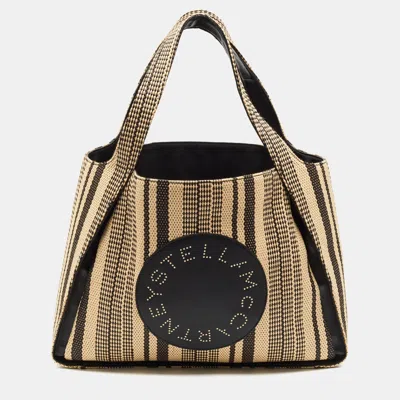 Pre-owned Stella Mccartney Logo Stripe Black/cream Faux Leather And Raffia Tote