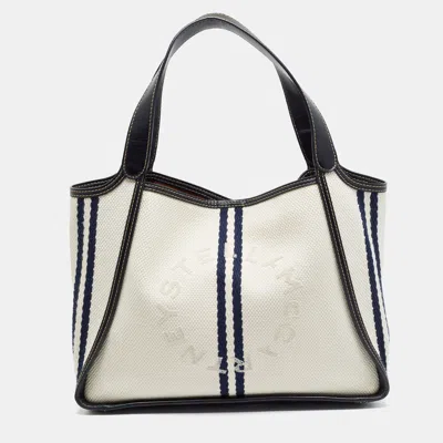 Pre-owned Stella Mccartney Logo Striped Large White/navy Blue Canvas Tote