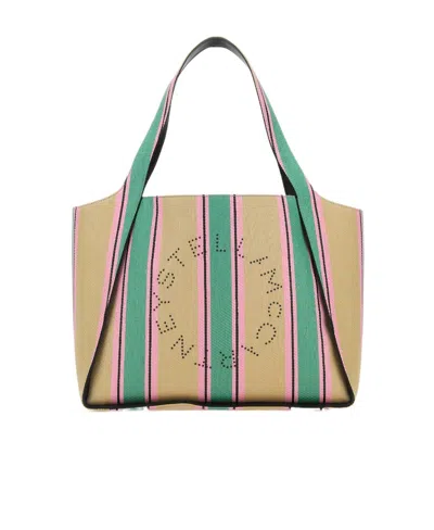 Stella Mccartney Logo Striped Woven Tote Bag In Nude