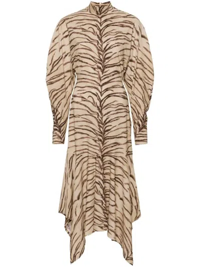 Stella Mccartney Tiger Stripe Long Sleeve Mock Neck Dress In Beige