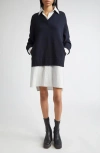 Stella Mccartney Long Sleeve Mixed Media Wool, Silk & Cotton Dress