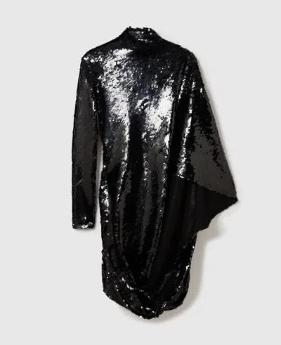 Stella Mccartney Long-sleeve Sequin Draped Mini Dress In Black