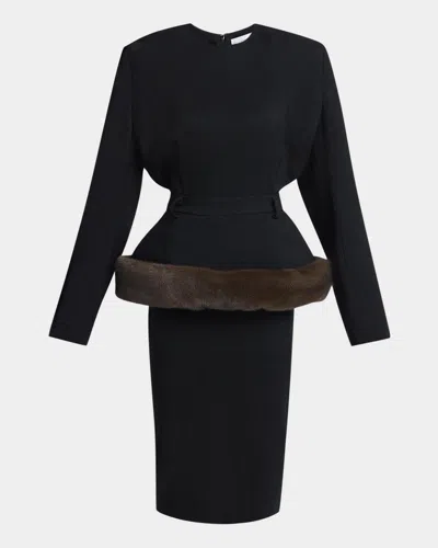 Stella Mccartney Long-sleeve Belted Faux-fur Peplum Midi Dress In Black