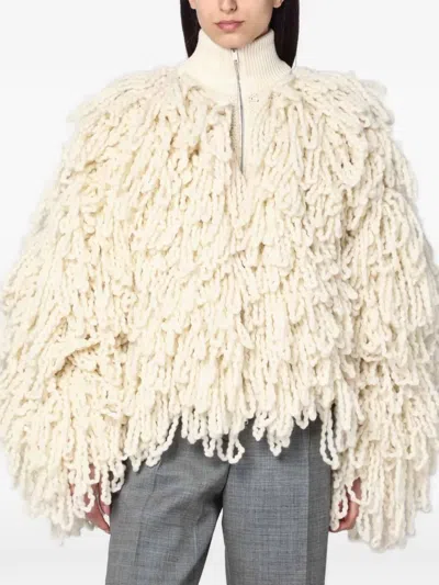 Stella Mccartney White Wool Bomber Jacket With Fringes