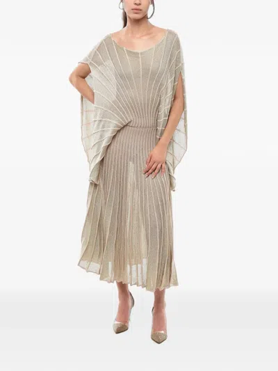 Stella Mccartney Lurex Midi Dress With Sculptural Design And Wide Cape-effect Sleeves In Neutral
