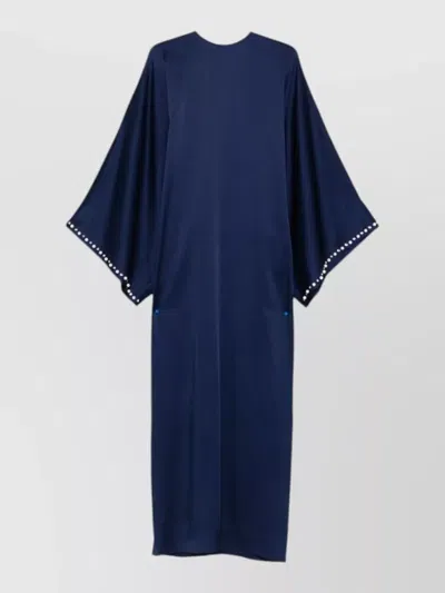 Stella Mccartney Maxi Dress Pearls Satin Round Neckline Sleeves In Blue