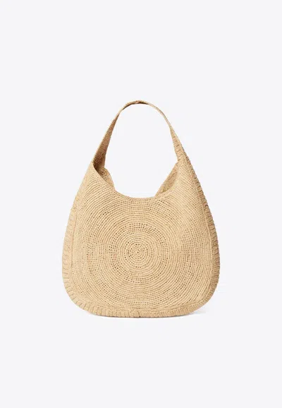 Stella Mccartney Medium Woven Raffia Hobo Bag In Sand
