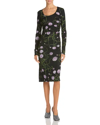 Stella Mccartney Twisted Floral Long Sleeve Mesh Body-con Midi Dress In Black