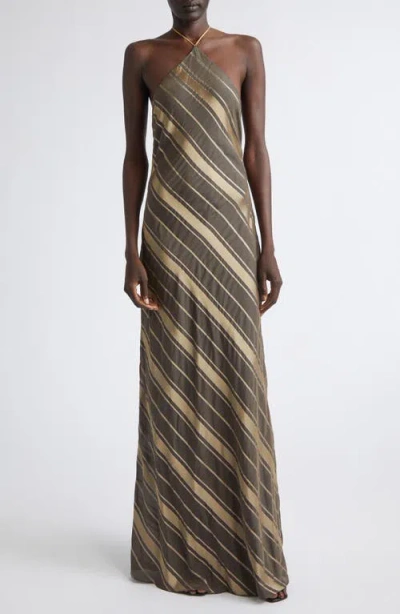 Stella Mccartney Metallic Diagonal Stripe Halter Gown In Brown