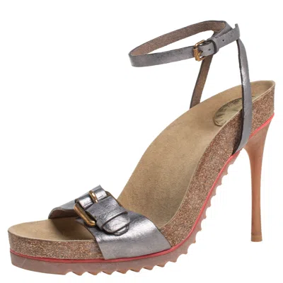 Pre-owned Stella Mccartney Metallic Grey Faux Leather Ankle Strap Sandals Size 38