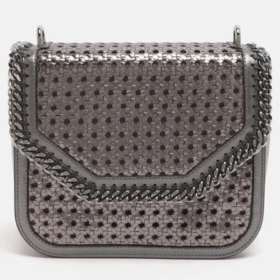 Pre-owned Stella Mccartney Metallic Grey Woven Faux Leather Falabella Box Shoulder Bag In Burgundy