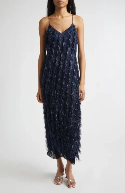 Stella Mccartney Navy Blue Viscose Blend Lurex Fringes-embellished Long Dress