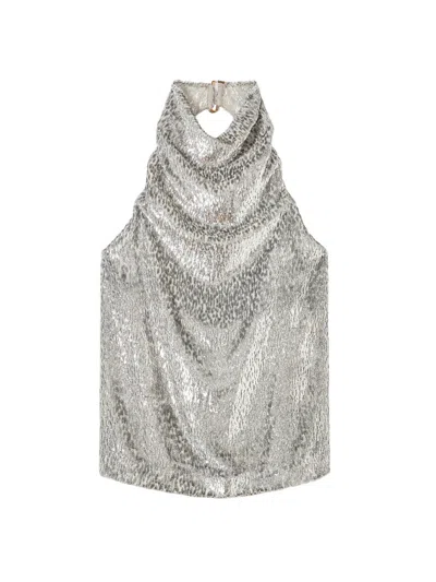 Stella Mccartney Womens Silver Halterneck Textured-pattern Woven Top