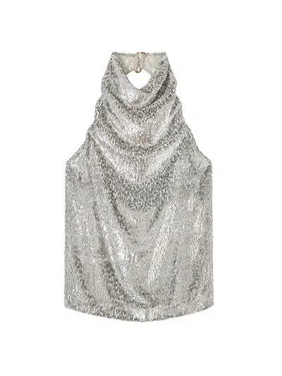 Stella Mccartney Womens Silver Halterneck Textured-pattern Woven Top