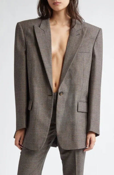 Stella Mccartney Microhoundstooth Check Oversize Wool Blazer In 2425 - Camel/ Grey