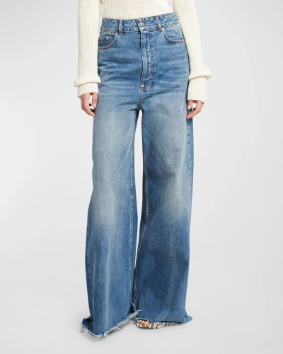 Stella Mccartney Mid-rise Medium Wash Wide-leg Raw-hem Jeans In Mid Blue V