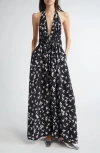 Stella Mccartney Mini Birds Halter Neck Silk Crêpe De Chine Maxi Dress In Black