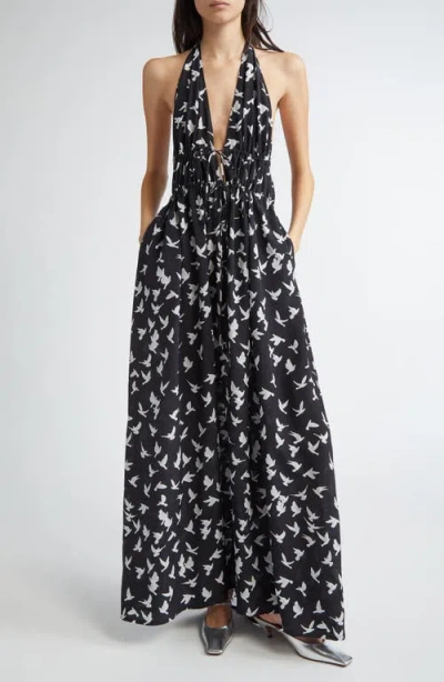 Stella Mccartney Mini Birds Halter Neck Silk Crêpe De Chine Maxi Dress In Black
