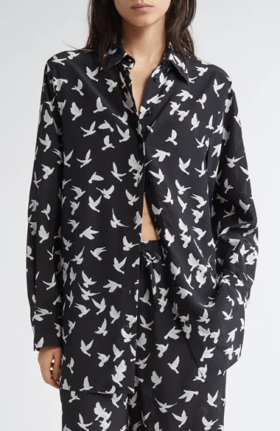 Stella Mccartney Mini Birds Silk Button-up Shirt In Black