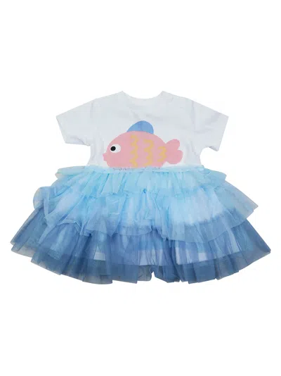 Stella Mccartney Mini Dress With Tulle Skirt And Fish Print In Bianco