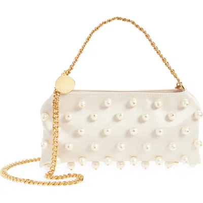 Stella Mccartney Mini Falabella Pearly Bead Embellished Satin Evening Bag In White