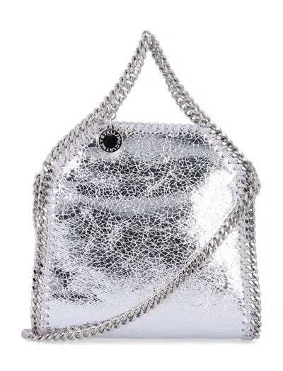 Stella Mccartney Mini Metallic Faux Leather Handbag With Chain Details In Silver