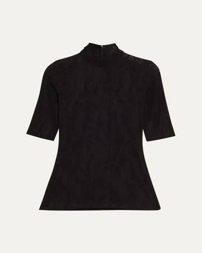 Stella Mccartney Mock-neck Stretch Lace Short-sleeve Top In Black
