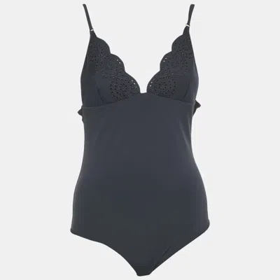 Pre-owned Stella Mccartney Navy Blue Broderie Anglaise Embroidered Jersey Swimsuit L