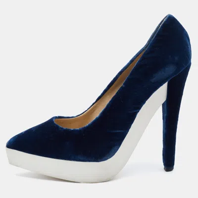 Pre-owned Stella Mccartney Navy Blue Velvet Pointed Toe Platform Pumps Size 37.5