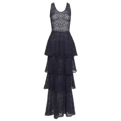 Pre-owned Stella Mccartney Navy Sheer Floral Lace Layered Tier Dress It40 S In Blue