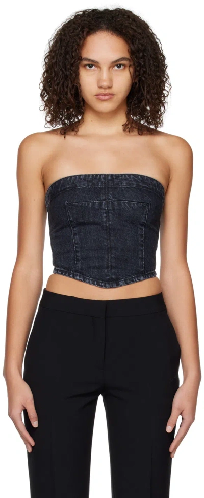 Stella Mccartney Washed Denim Cropped Bustier Top In Black