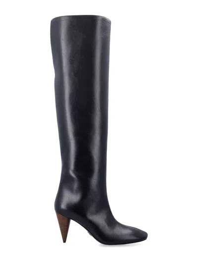 Stella Mccartney Nero Knee-high Tapered-toe Boots With Wood-effect Cone Heel In Blue