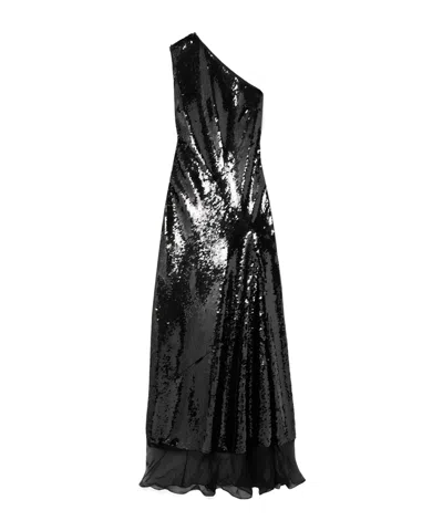 Stella Mccartney One-shoulder Chiffon-trimmed Sequined Tulle Gown In Black
