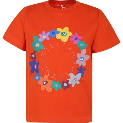 Stella Mccartney Kids' Orange T-shirt For Girl With Flowers And Logo In Ivory