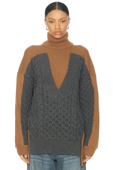 Stella Mccartney Oversized Paneled Cable Turtleneck Jumper In Camel & Grey