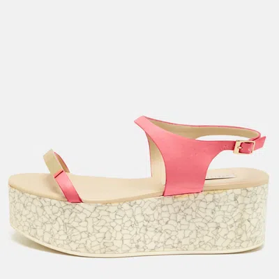 Pre-owned Stella Mccartney Pink Faux Leather Geena Marble Wedge Platform Sandals Size 38