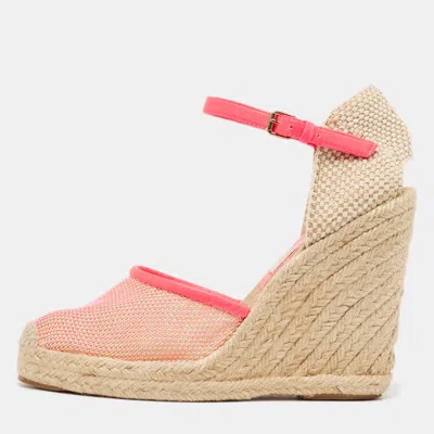 Pre-owned Stella Mccartney Pink/beige Mesh And Woven Canvas Wedge Espadrille Ankle Strap Sandals Size 38