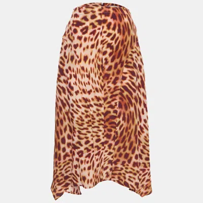 Pre-owned Stella Mccartney Pink/brown Leopard Print Silk Flared Midi Skirt Xs