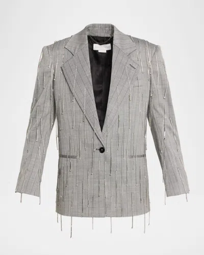 Stella Mccartney Pinstripe Rhinestone Embroidered Oversized Blazer In Gray