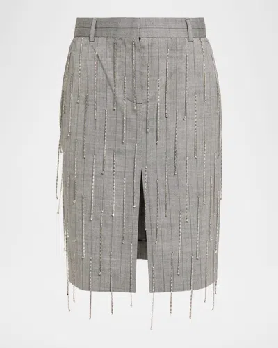 Stella Mccartney Pinstripe Rhinestone Embroidered Wool Skirt In Gray